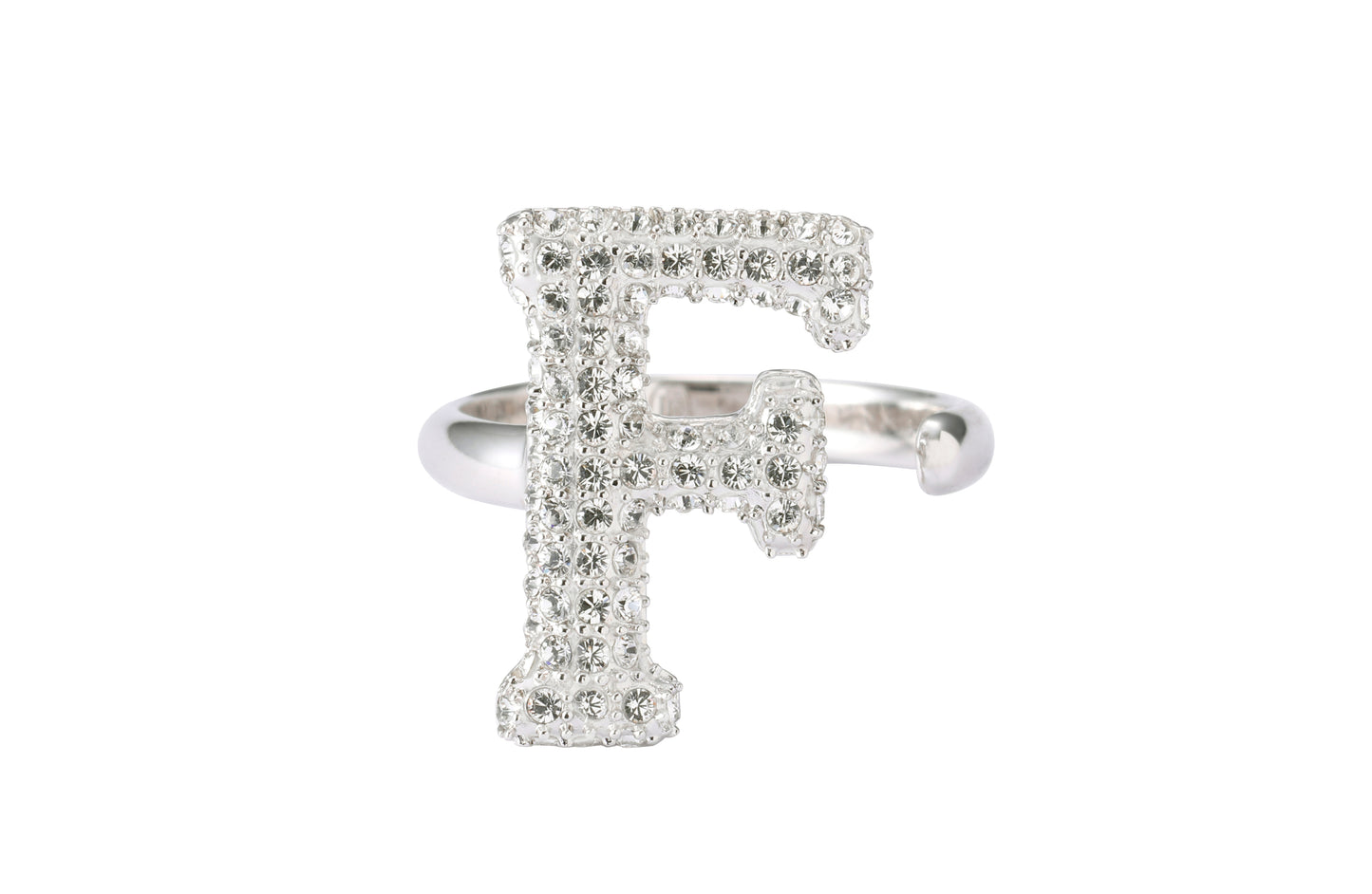 Alphabet Ring Initial F Swarovski Crystals Free Size Sterling Silver 925 Rhodium Plated