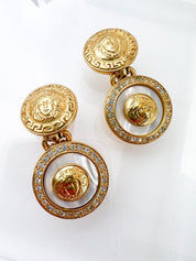 GIANNI VERSACE Vintage Gold Dangle Earrings Medusa Head Pearl Rhinestone