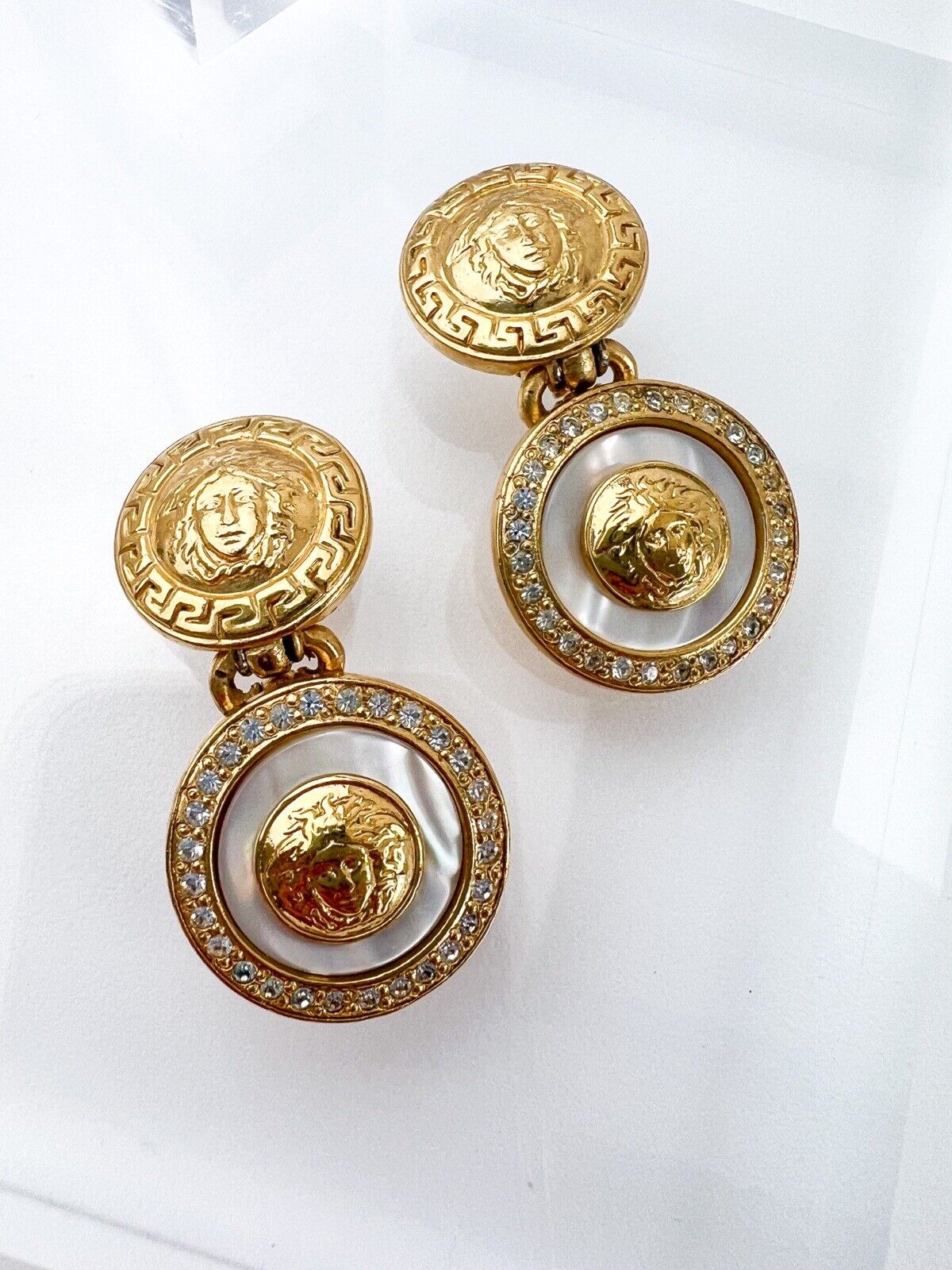 GIANNI VERSACE Vintage Gold Dangle Earrings Medusa Head Pearl Rhinestone