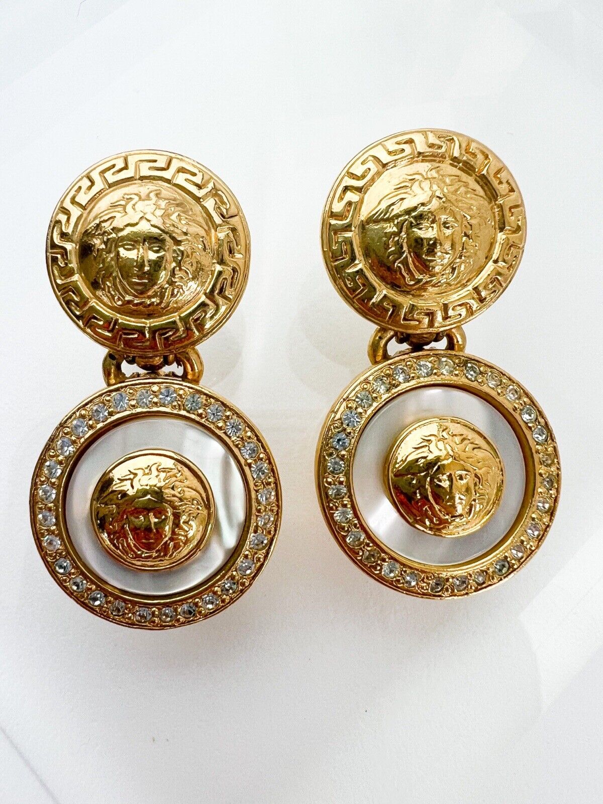 GIANNI VERSACE Vintage Gold Dangle Earrings Medusa Head Pearl Rhinestone