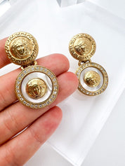 GIANNI VERSACE Vintage Gold Dangle Earrings Medusa Head Pearl Rhinestone