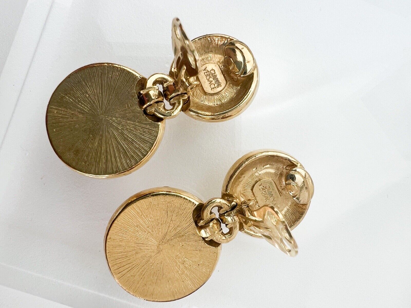 GIANNI VERSACE Vintage Gold Dangle Earrings Medusa Head Pearl Rhinestone