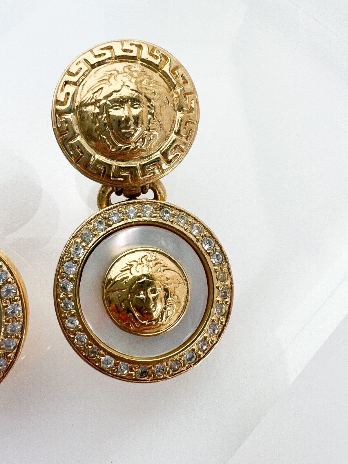 GIANNI VERSACE Vintage Gold Dangle Earrings Medusa Head Pearl Rhinestone