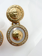 GIANNI VERSACE Vintage Gold Dangle Earrings Medusa Head Pearl Rhinestone