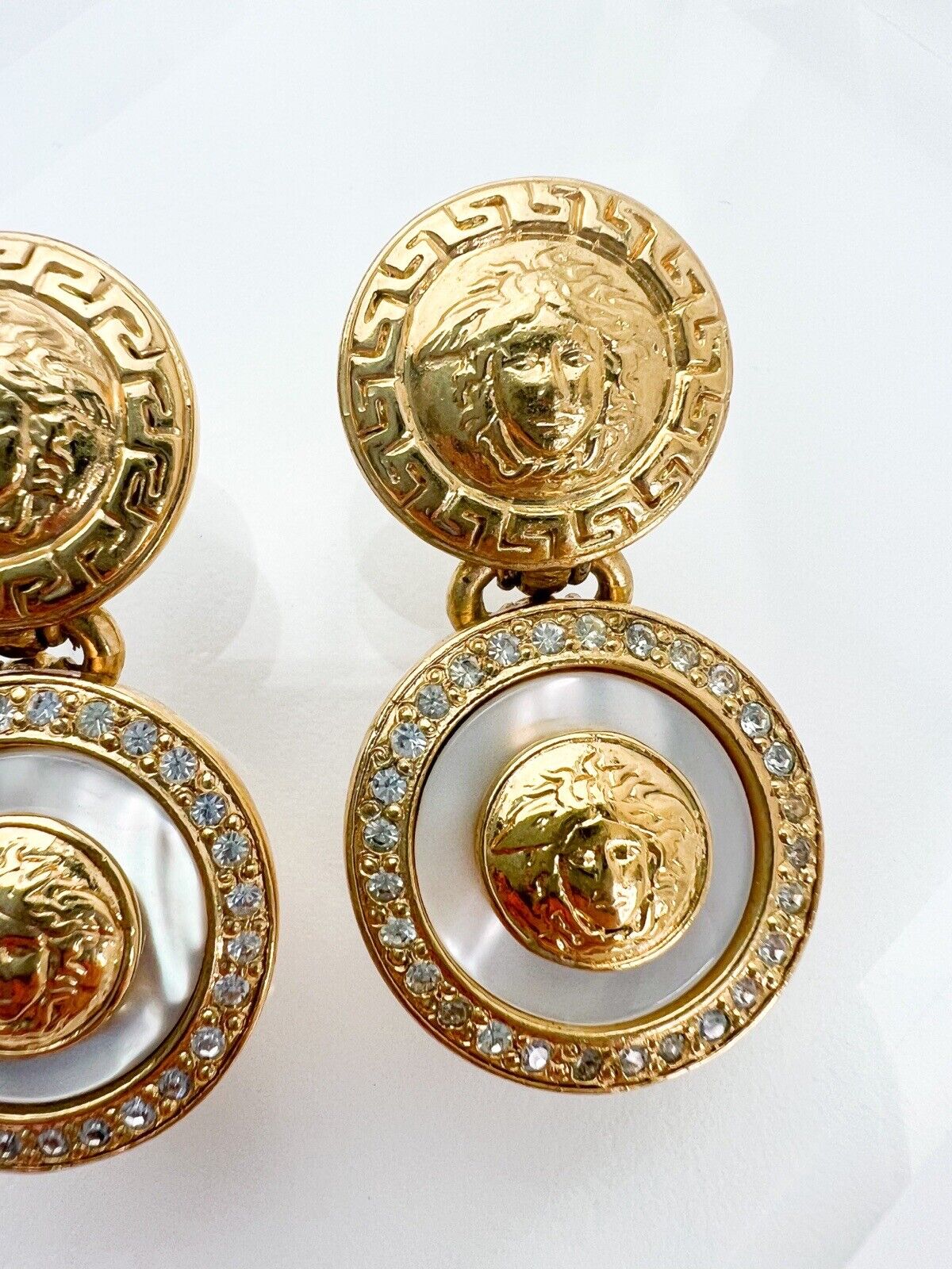GIANNI VERSACE Vintage Gold Dangle Earrings Medusa Head Pearl Rhinestone