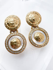 GIANNI VERSACE Vintage Gold Dangle Earrings Medusa Head Pearl Rhinestone