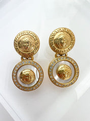 GIANNI VERSACE Vintage Gold Dangle Earrings Medusa Head Pearl Rhinestone
