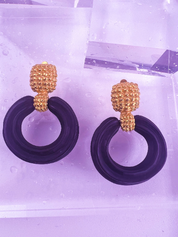 Karl Lagerfeld Vintage Gold Tone Hoop Earrings Dangle Black Wood