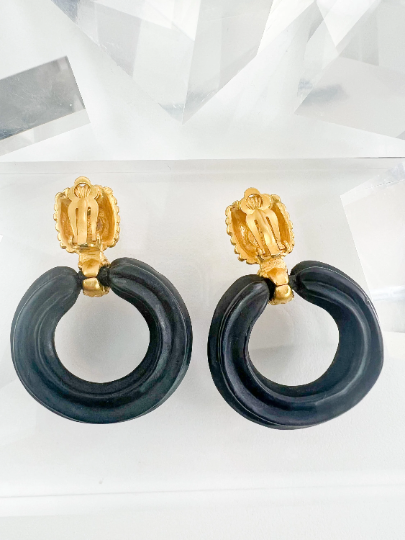 Karl Lagerfeld Vintage Gold Tone Hoop Earrings Dangle Black Wood