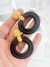Karl Lagerfeld Vintage Gold Tone Hoop Earrings Dangle Black Wood
