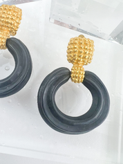 Karl Lagerfeld Vintage Gold Tone Hoop Earrings Dangle Black Wood