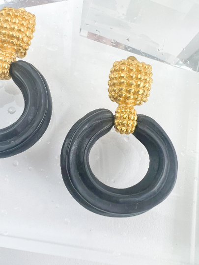 Karl Lagerfeld Vintage Gold Tone Hoop Earrings Dangle Black Wood
