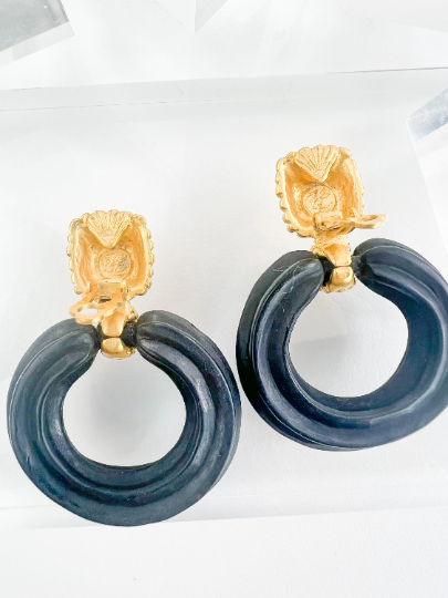 Karl Lagerfeld Vintage Gold Tone Hoop Earrings Dangle Black Wood