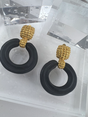 Karl Lagerfeld Vintage Gold Tone Hoop Earrings Dangle Black Wood