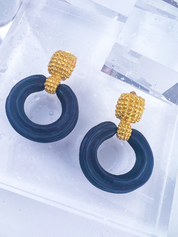 Karl Lagerfeld Vintage Gold Tone Hoop Earrings Dangle Black Wood