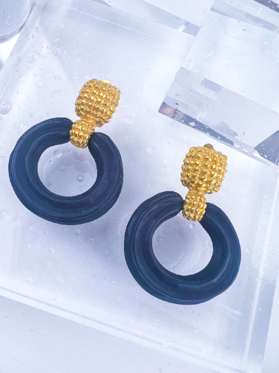 Karl Lagerfeld Vintage Gold Tone Hoop Earrings Dangle Black Wood