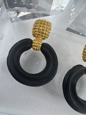 Karl Lagerfeld Vintage Gold Tone Hoop Earrings Dangle Black Wood