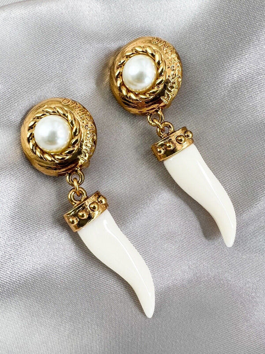 Moschino Dangle Earrings Faux Pearl Gold Tone 1980s Fashion Vintage