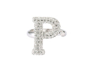 Alphabet Ring Initial  P Swarovski Crystals Free Size Sterling Silver Rhodium925 Plated