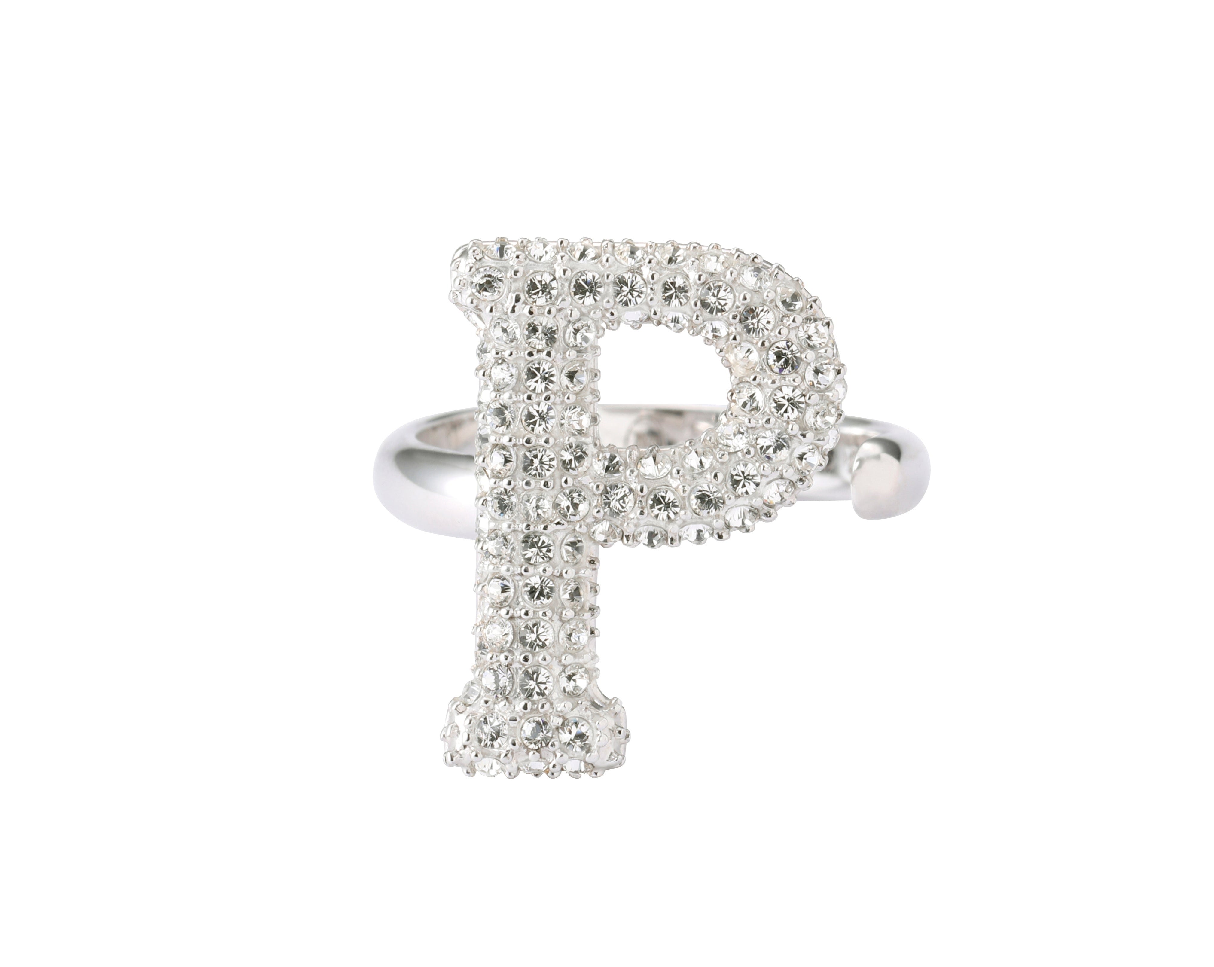 Alphabet Ring Initial  P Swarovski Crystals Free Size Sterling Silver Rhodium925 Plated