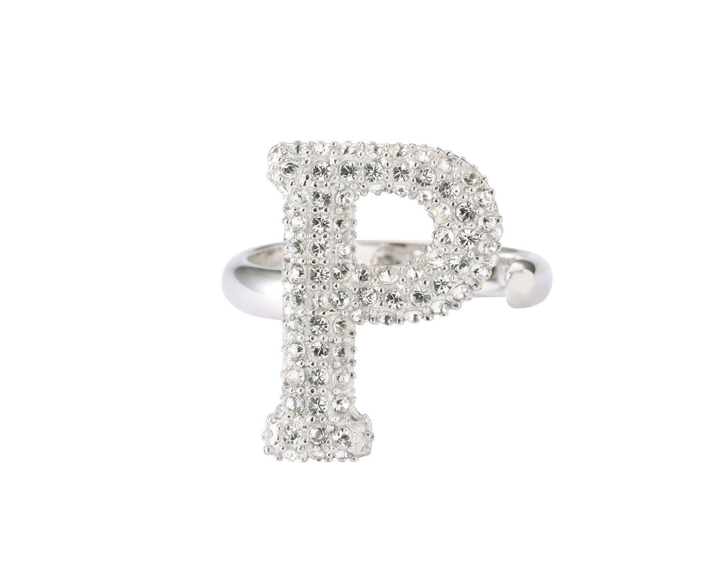 Alphabet Ring Initial  P Swarovski Crystals Free Size Sterling Silver Rhodium925 Plated