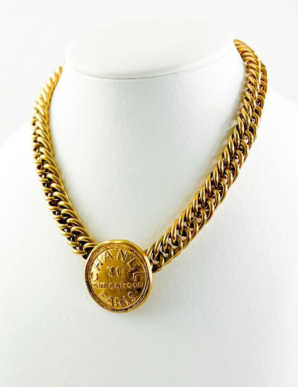 Chanel Gold Tone Chain Choker Necklace Medallion Charm Made in France