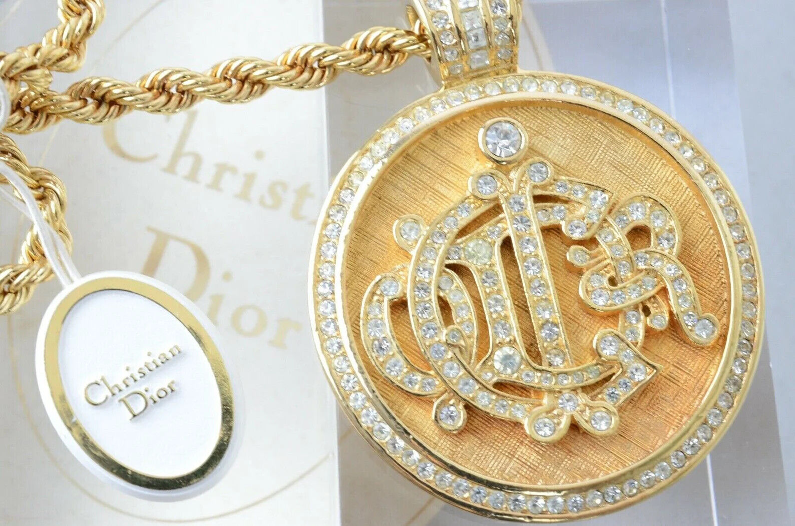  Christian Dior Vintage Necklace Pendant Gold Monogram Logo