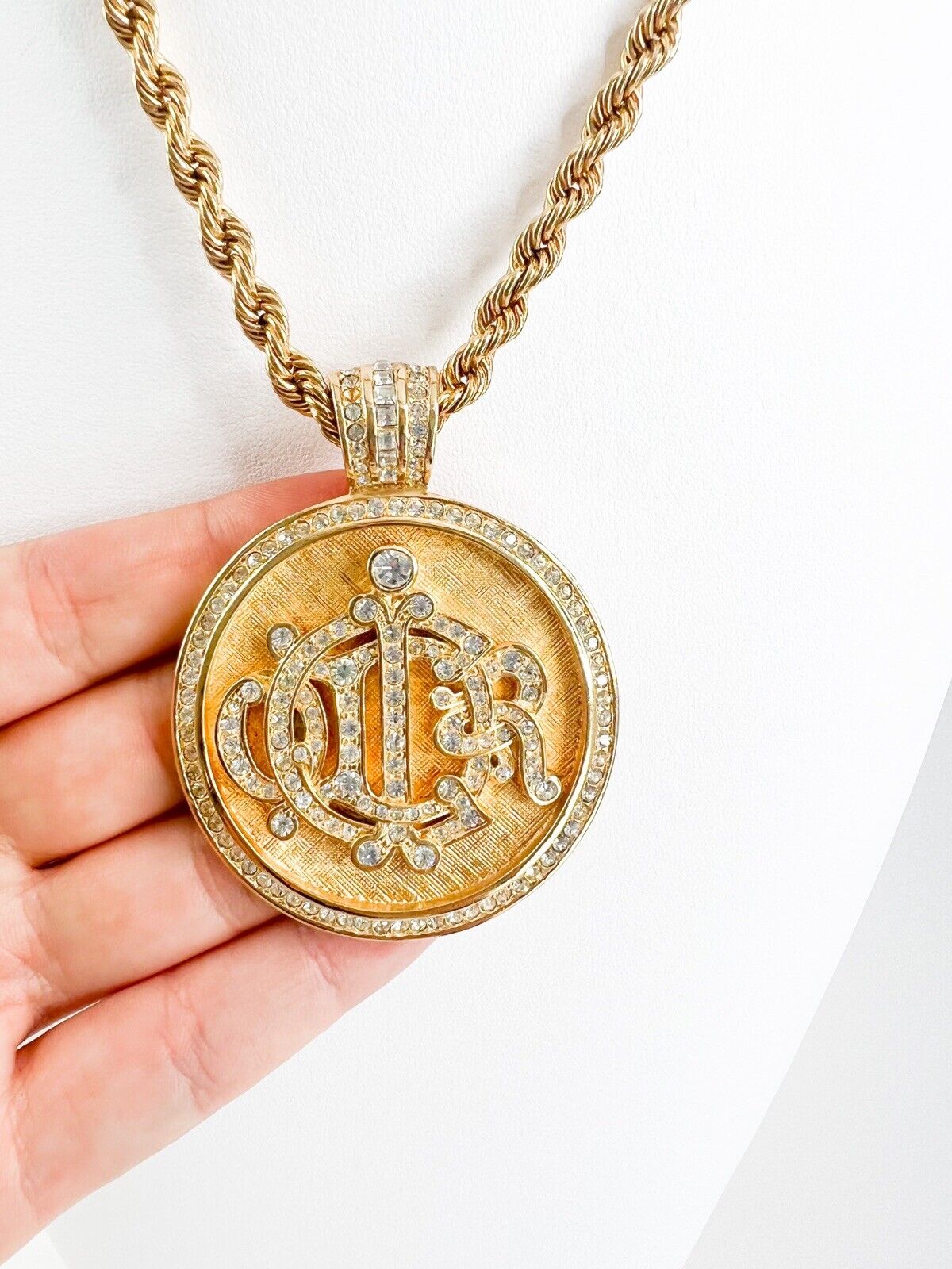  Christian Dior Vintage Necklace Pendant Gold Monogram Logo