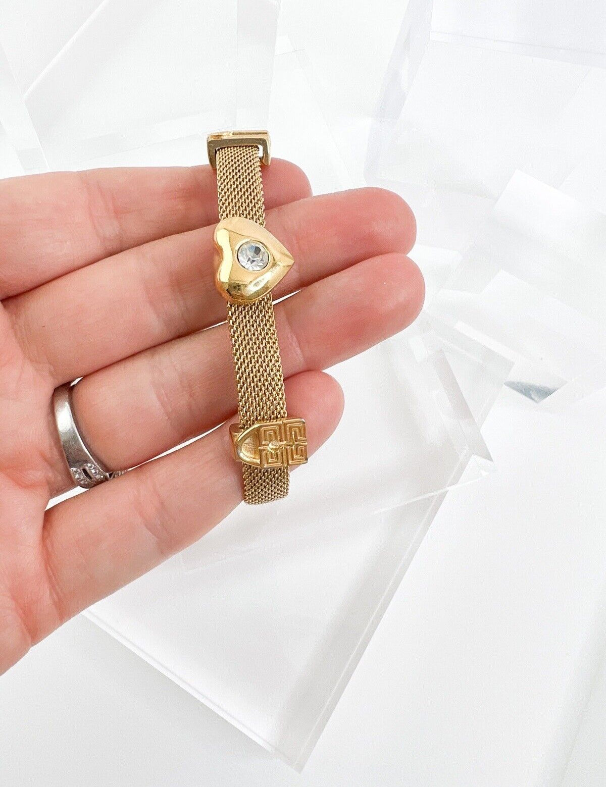Givenchy Vintage Bracelet Heart Rhinestone Logo Women Jewelry Gold