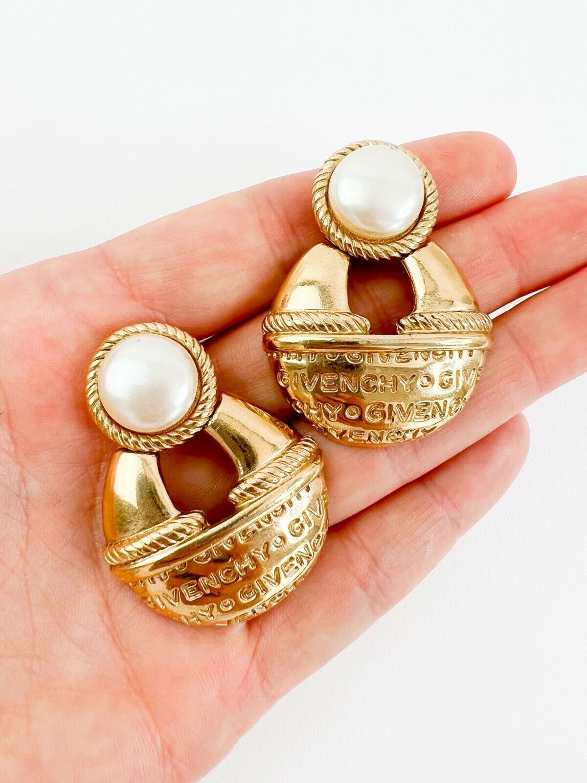 Givenchy Vintage Logo Gold Earrings Drop Pearl Women Jewelry Gold