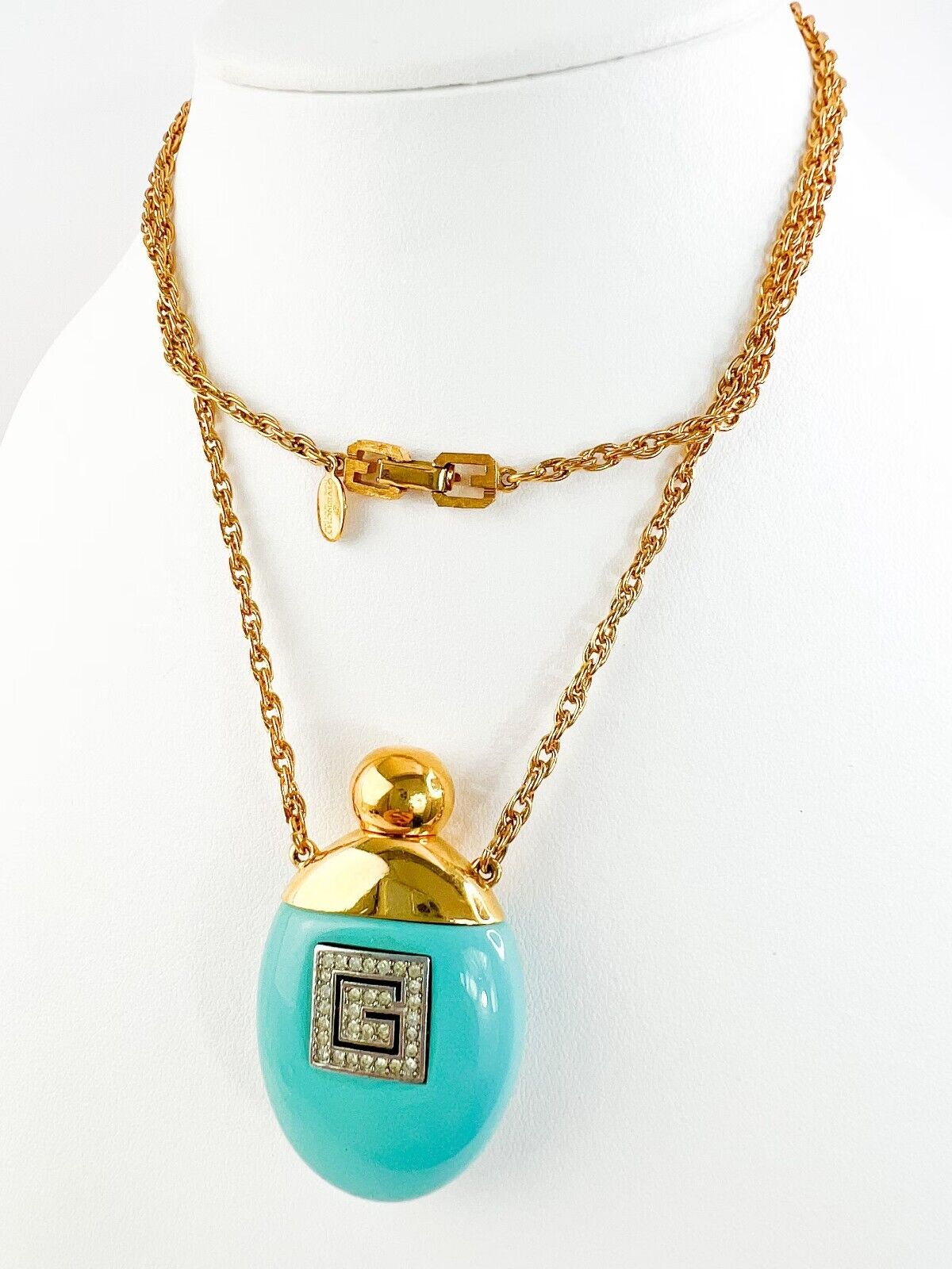 Vintage Givenchy Necklace, Necklace Gold, Necklace Large, Perfume Bottle Pendant, Givenchy Bottle Logo Necklace Blue, Personalized Gifts