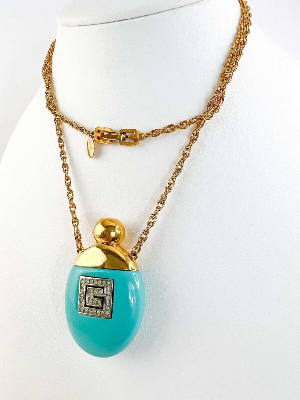 Vintage Givenchy Necklace, Necklace Gold, Necklace Large, Perfume Bottle Pendant, Givenchy Bottle Logo Necklace Blue, Personalized Gifts