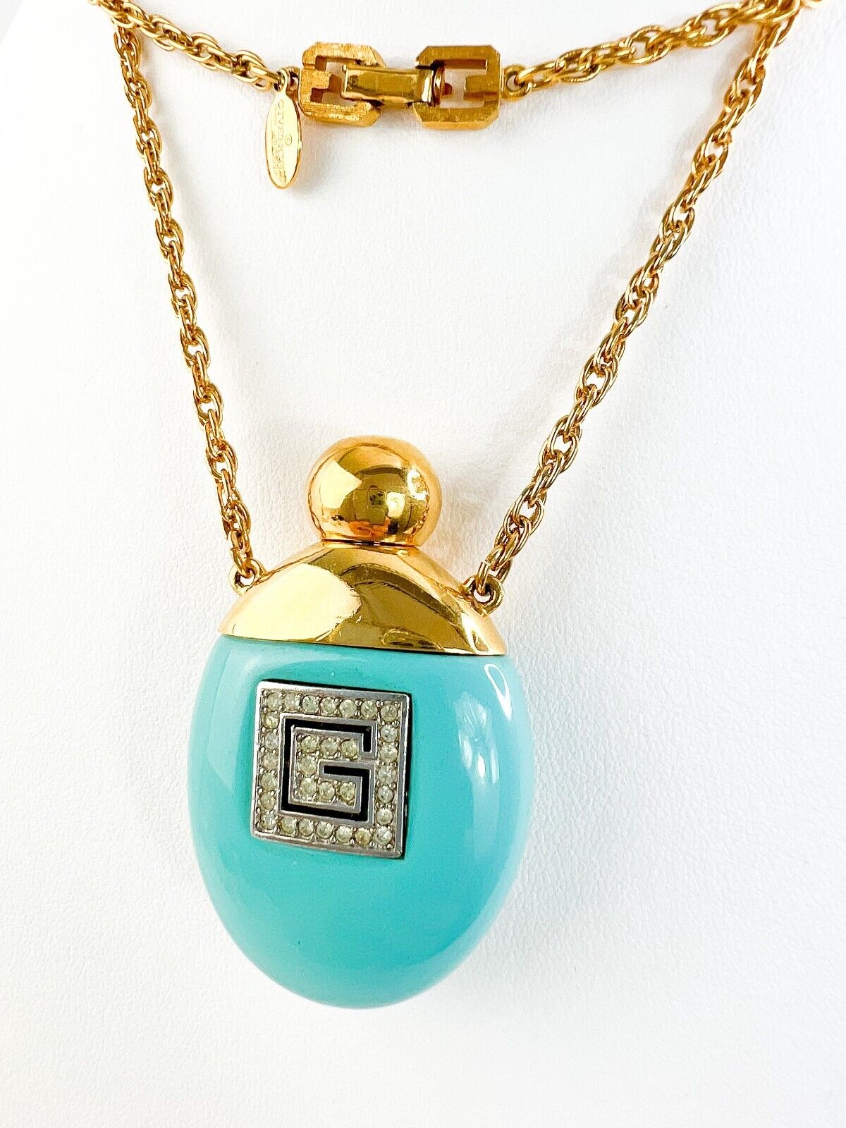 Vintage Givenchy Necklace, Necklace Gold, Necklace Large, Perfume Bottle Pendant, Givenchy Bottle Logo Necklace Blue, Personalized Gifts