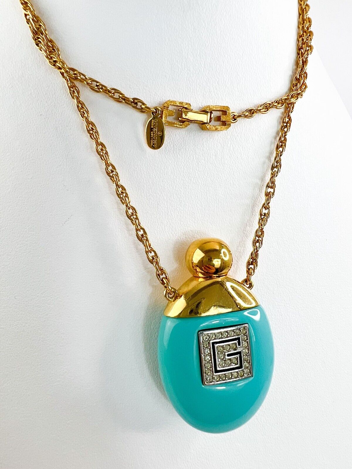Vintage Givenchy Necklace, Necklace Gold, Necklace Large, Perfume Bottle Pendant, Givenchy Bottle Logo Necklace Blue, Personalized Gifts