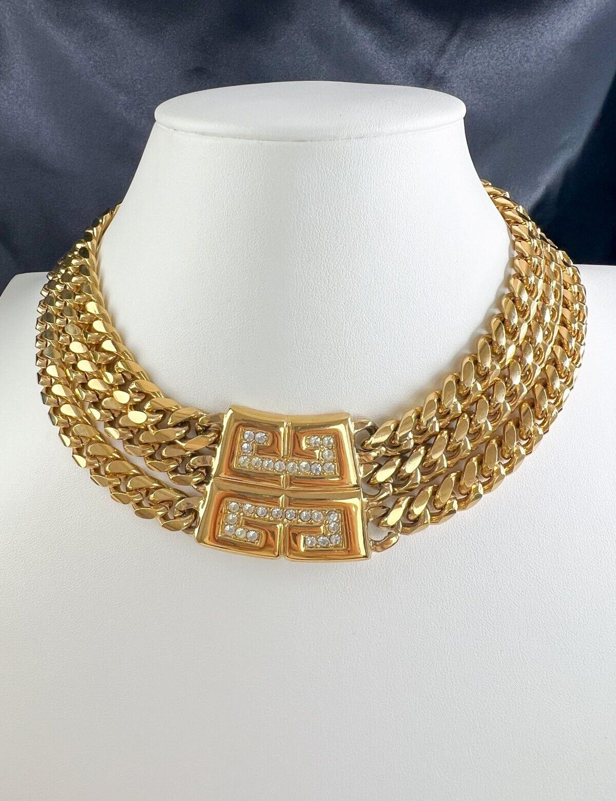 Givenchy Gold Tone 3 Row Chain Link Massive Logo Choker Necklace Vintage