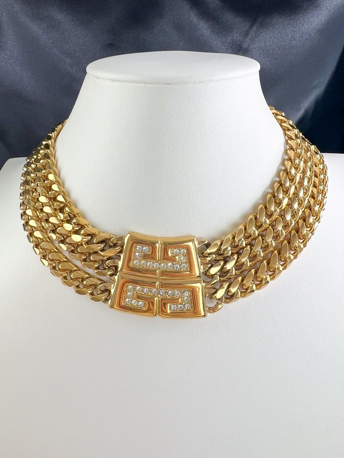Givenchy Gold Tone 3 Row Chain Link Massive Logo Choker Necklace Vintage