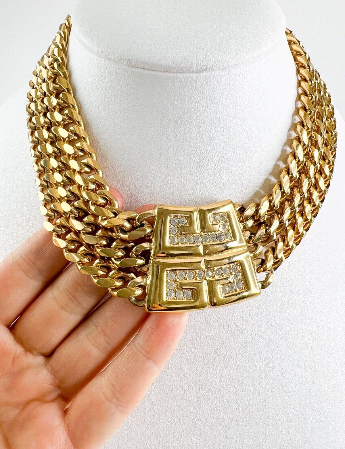Givenchy Gold Tone 3 Row Chain Link Massive Logo Choker Necklace Vintage