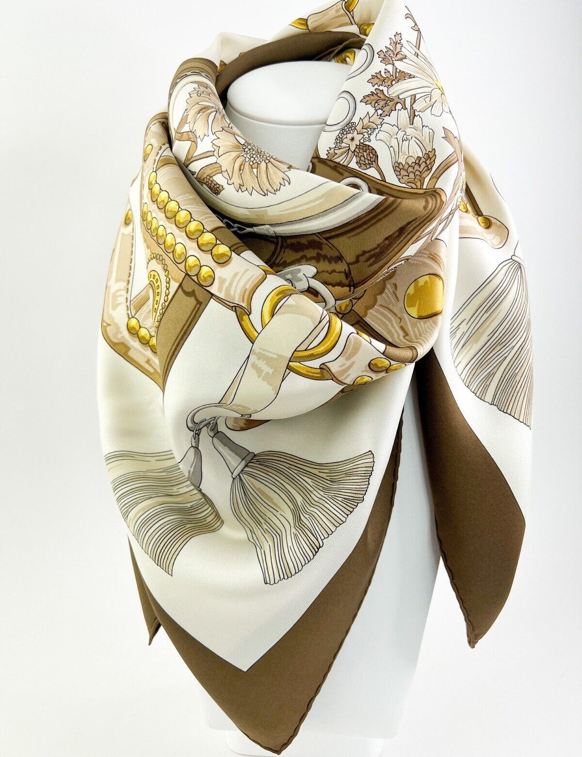 Authentic Hermes "Copeaux " Vintage Silk Scarf Brown Made in France Collection 1998