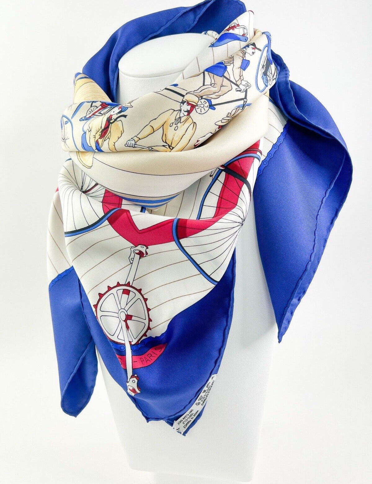 Hermes Vintage Silk Scarf “Les Becanes” Blue Made in France