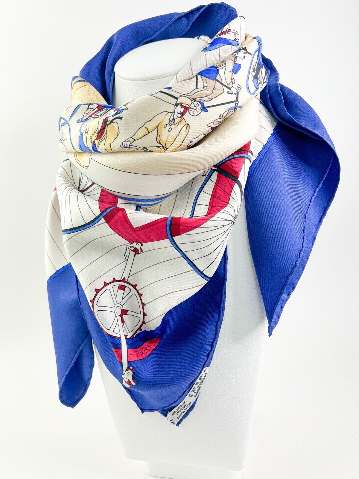 Hermes Vintage Silk Scarf “Les Becanes” Blue Made in France