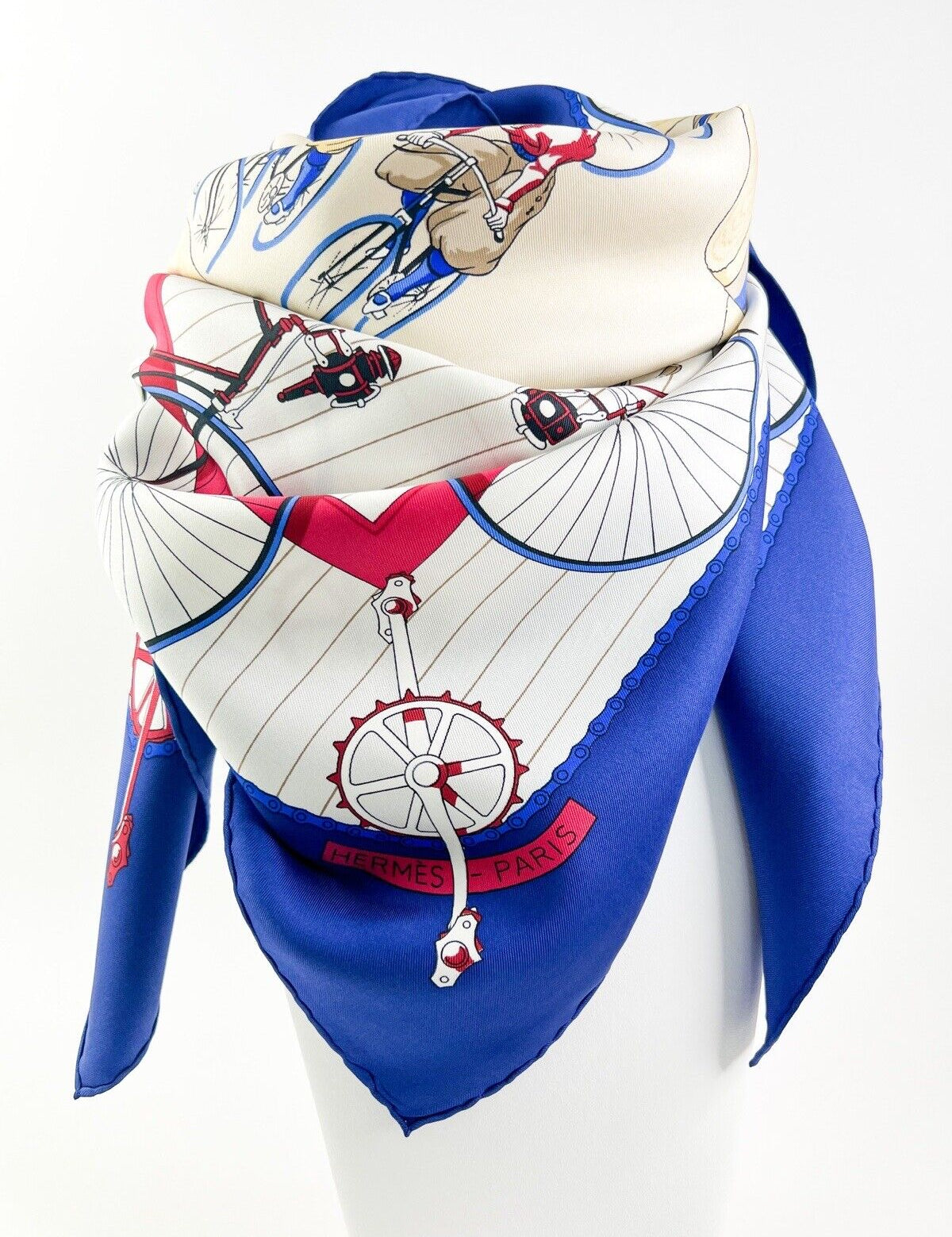 Hermes Vintage Silk Scarf “Les Becanes” Blue Made in France