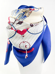 Hermes Vintage Silk Scarf “Les Becanes” Blue Made in France