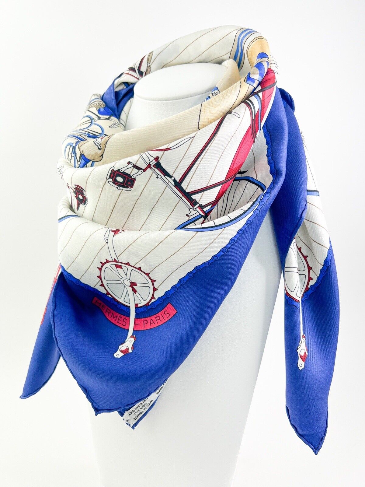 Hermes Vintage Silk Scarf “Les Becanes” Blue Made in France