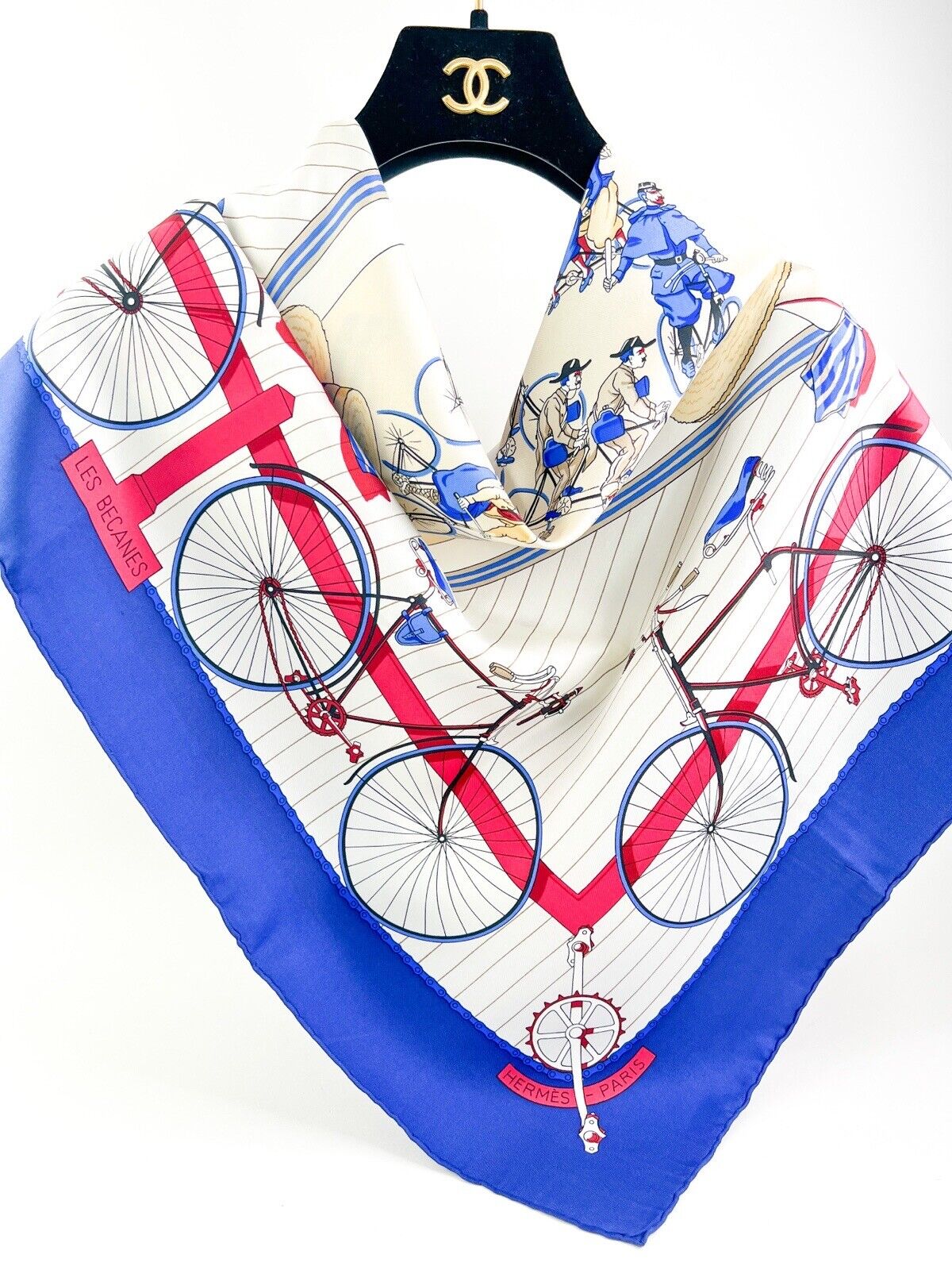 Hermes Vintage Silk Scarf “Les Becanes” Blue Made in France