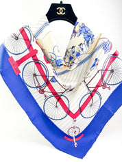 Hermes Vintage Silk Scarf “Les Becanes” Blue Made in France