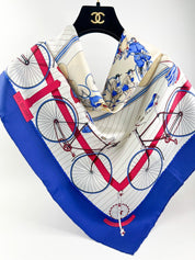 Hermes Vintage Silk Scarf “Les Becanes” Blue Made in France