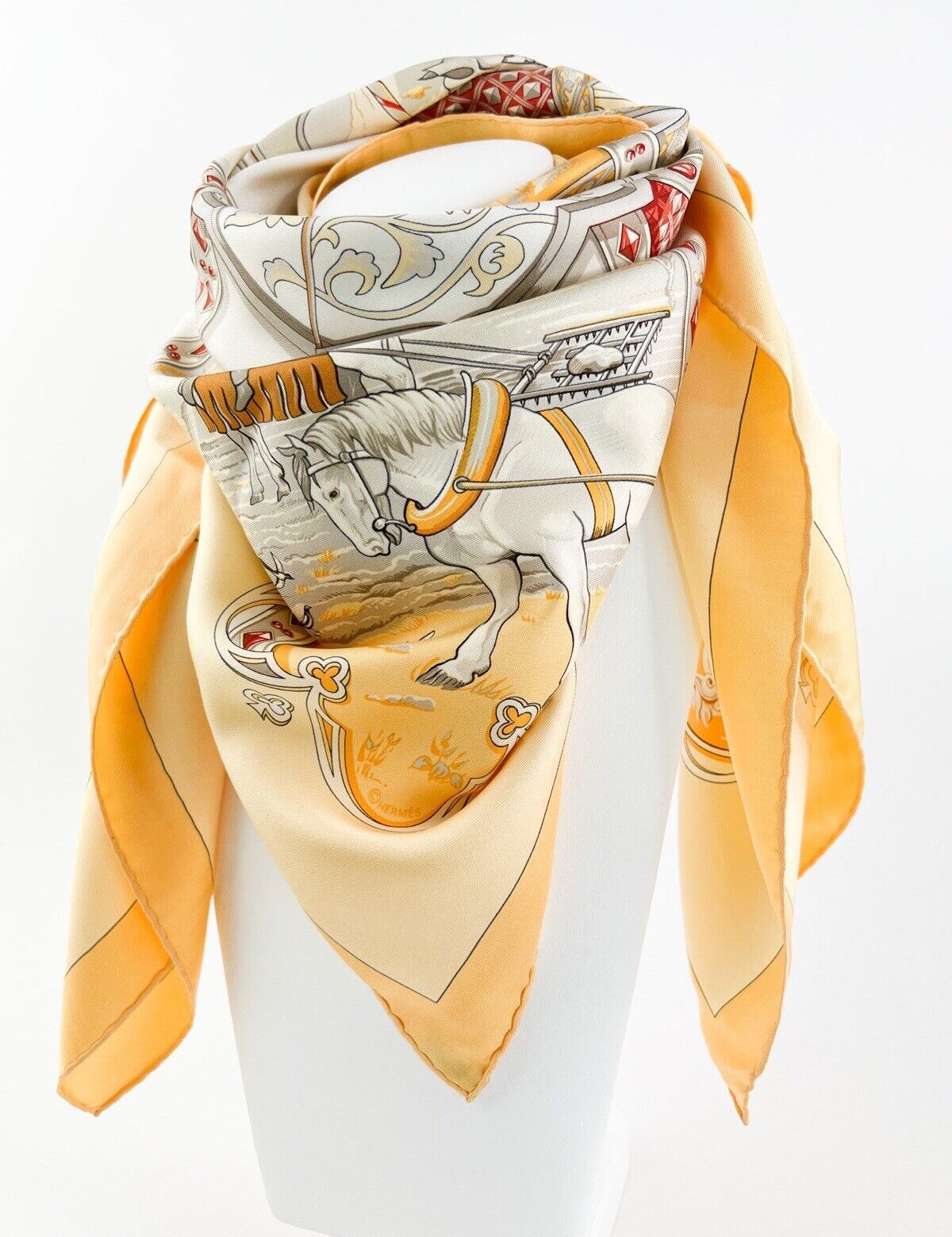 Hermes Vintage Silk Scarf " La Vie de Cheval " Made in France Yellow