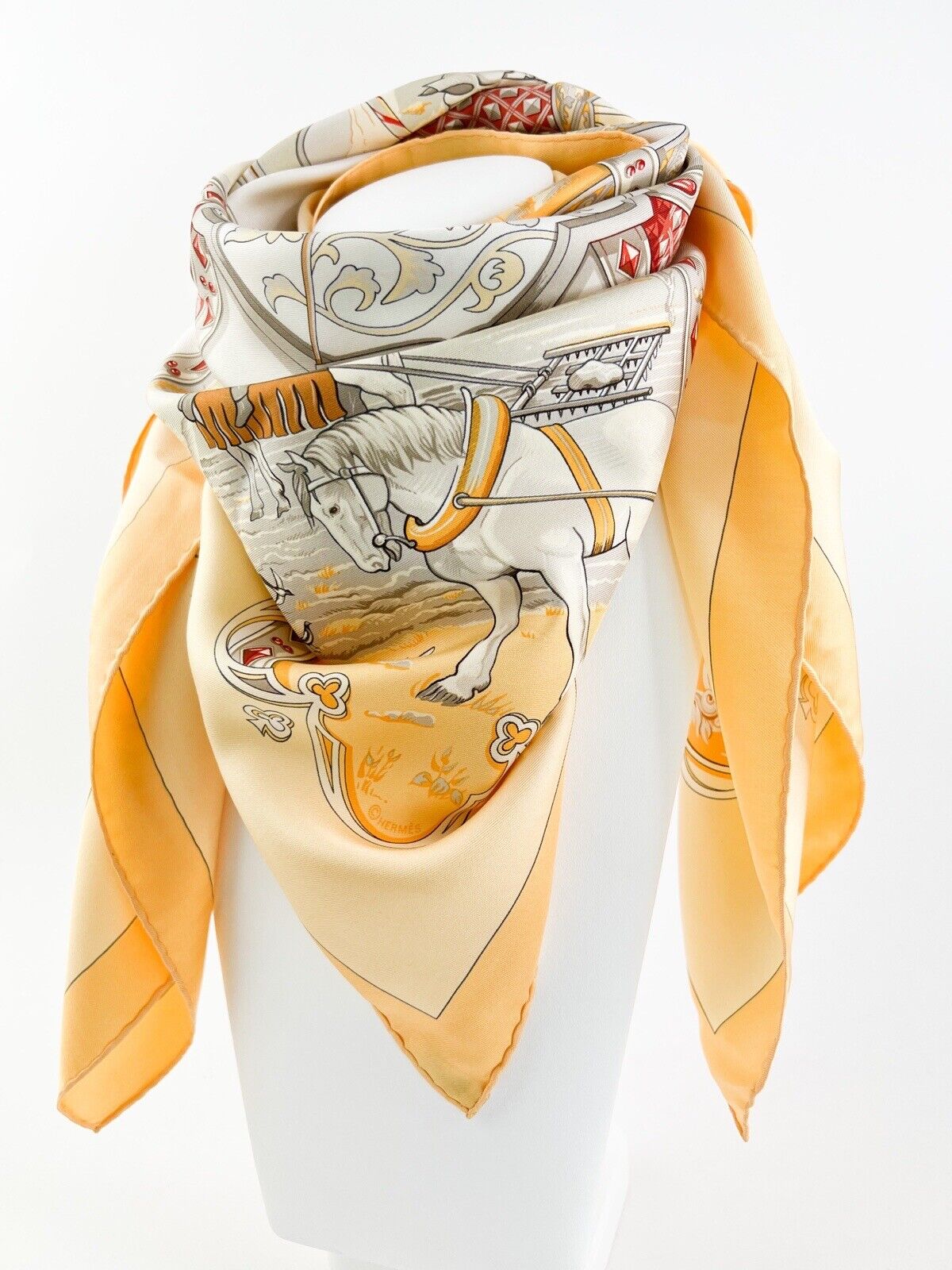 Hermes Vintage Silk Scarf " La Vie de Cheval " Made in France Yellow