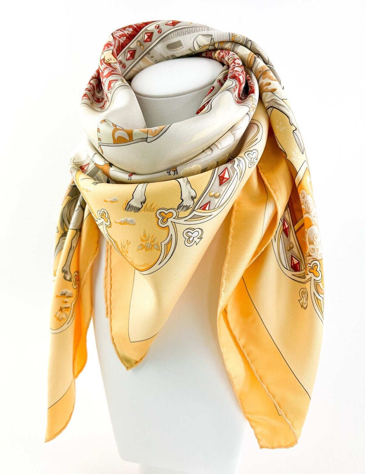 Hermes Vintage Silk Scarf " La Vie de Cheval " Made in France Yellow