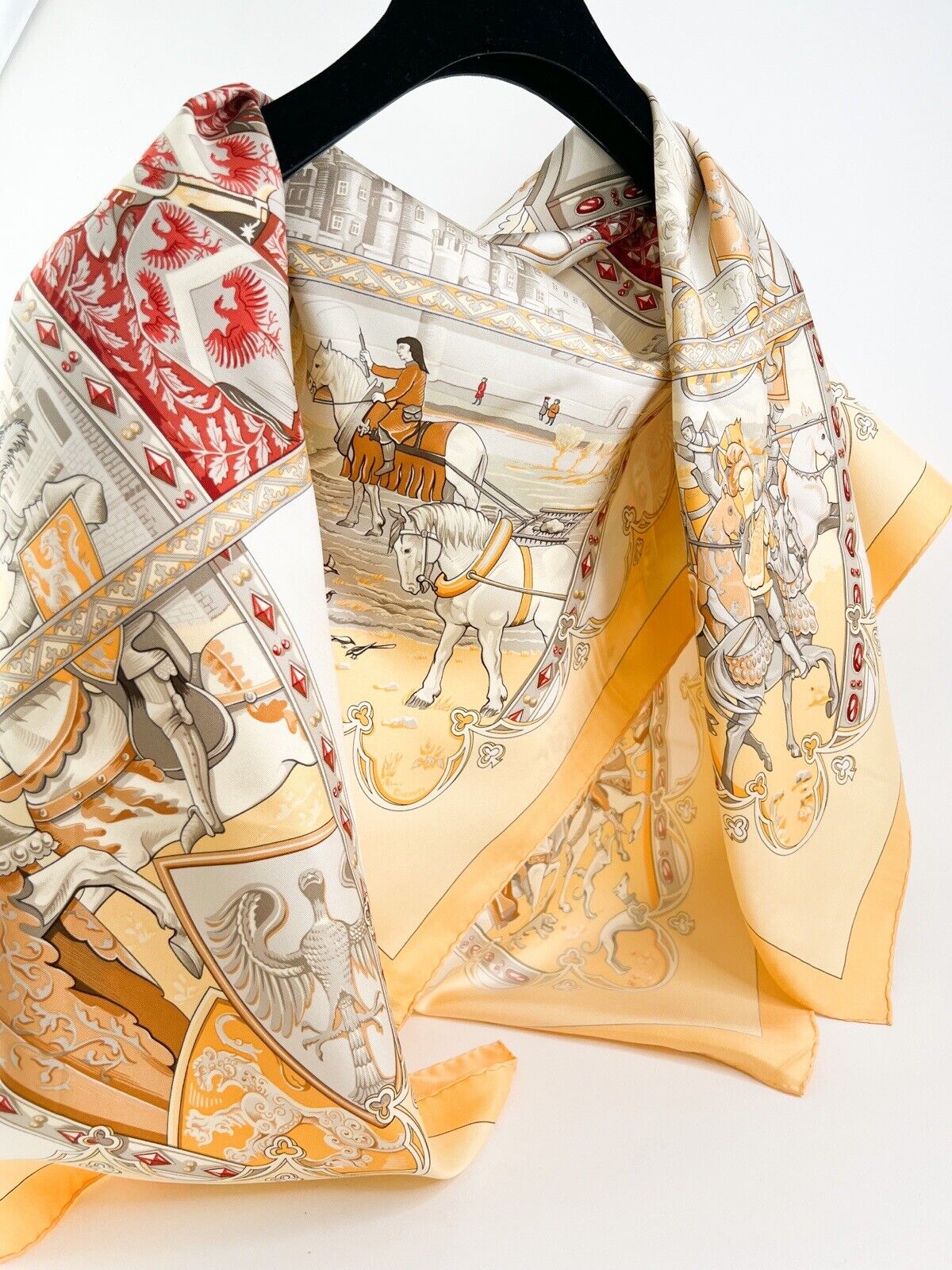 Hermes Vintage Silk Scarf " La Vie de Cheval " Made in France Yellow